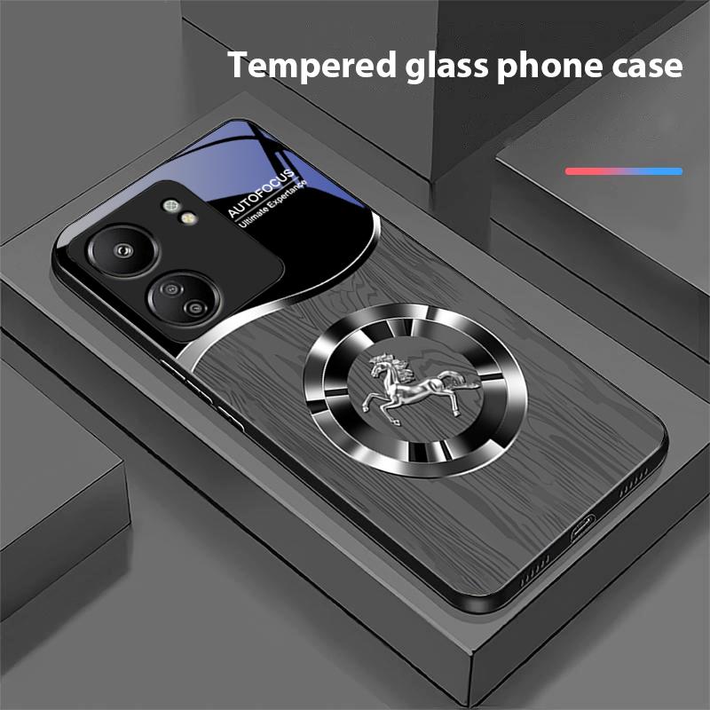 Holzmaserung Pferd Blau Für Xiaomi Redmi 13C Note13 12 Pro Plus 5G Note 9 13T Pro POCO X6 F5 F6 Schwarz Hartglas Handyhülle