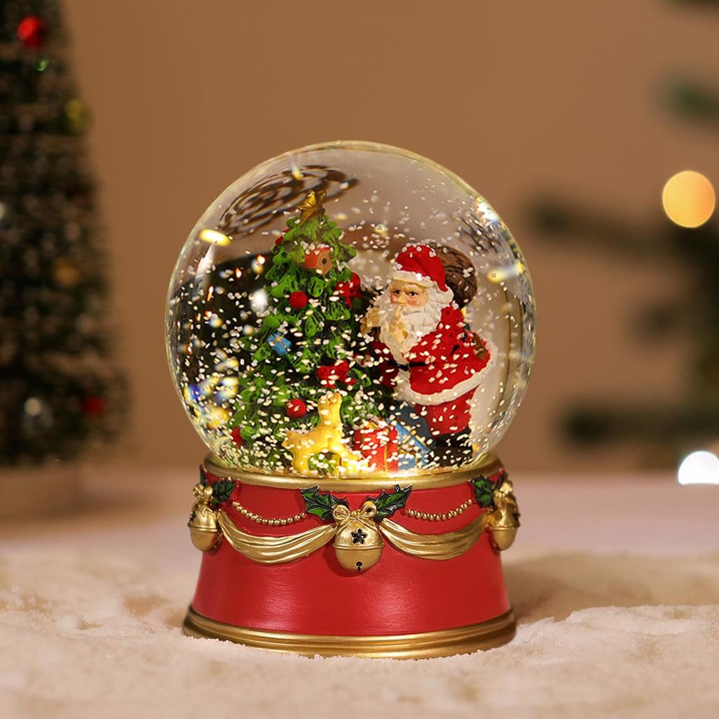 Lewondr Snow Globe with Santa and Christmas LED Christmas Home Room Christmas Santa Decorating the Christmas Red Tree, Built-in Lights, Object, Decor,