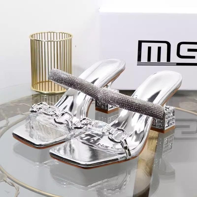

Fashion Fashion Women Slippers Summer New Square Head Heels Shallow Mouth Crystal Metal Buckle Woman Shoes Temperament Women s Sandals 38 серебряный