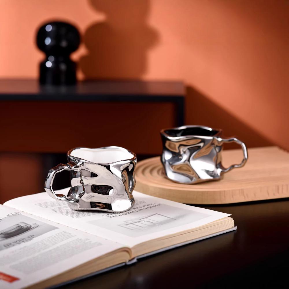 Modern Electroplated Silver Ceramic Coffee Cup Artistic Abstract Wrinkled Mug Metallic Imitation Milk Breakfast Cup Couple's Mug