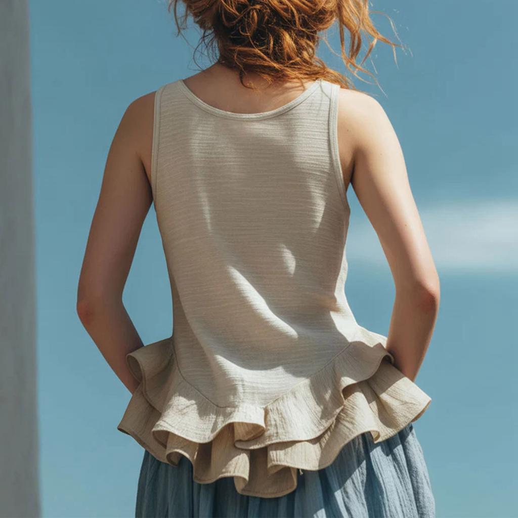 Women Sleeveless Casual Peplum Hem Top Round Neck Relaxed Fit Ruffle Bottom Blouse Lightweight Tank Shirt for Daily Wear