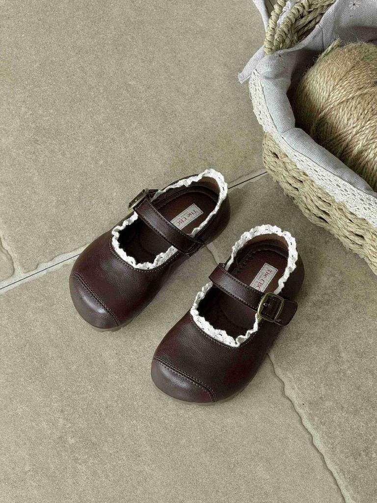 XSHX Vintage Children's Wide Show Shoe Head Mary Jane Leather Shoes Princess Lace French Medieval Autumn Wenzhou Girls