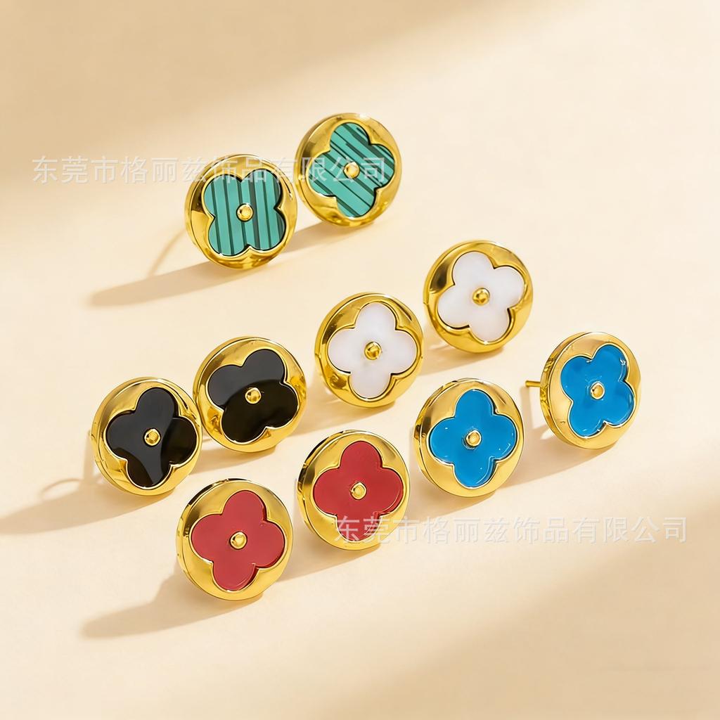 18K Gold Titanium Steel Non-Fading Four-Leaf Clover Earrings, Minimalist Women's Stud Earrings
