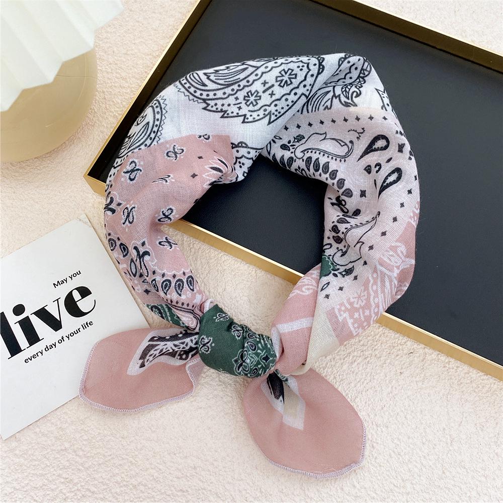 58 Cashew Silk Small Square Scarf: Korean Style Cotton Linen Printed Headscarf and Hairband for Women, Ideal for Spring, Summer, and Autumn.
