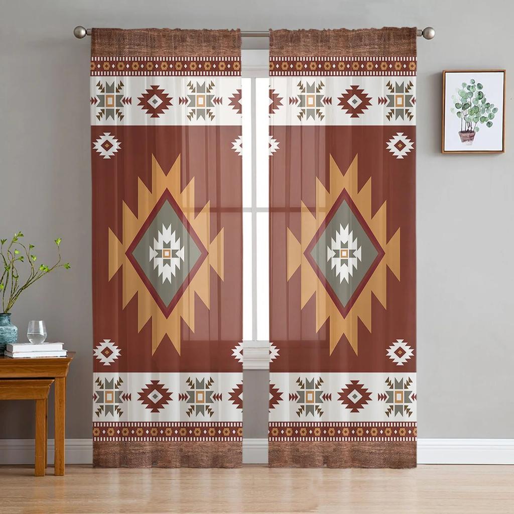 Southwest American Tribal Totem Boho Sheer Curtains Transparent Window Voile Tulle for Bedroom Holiday Decoration