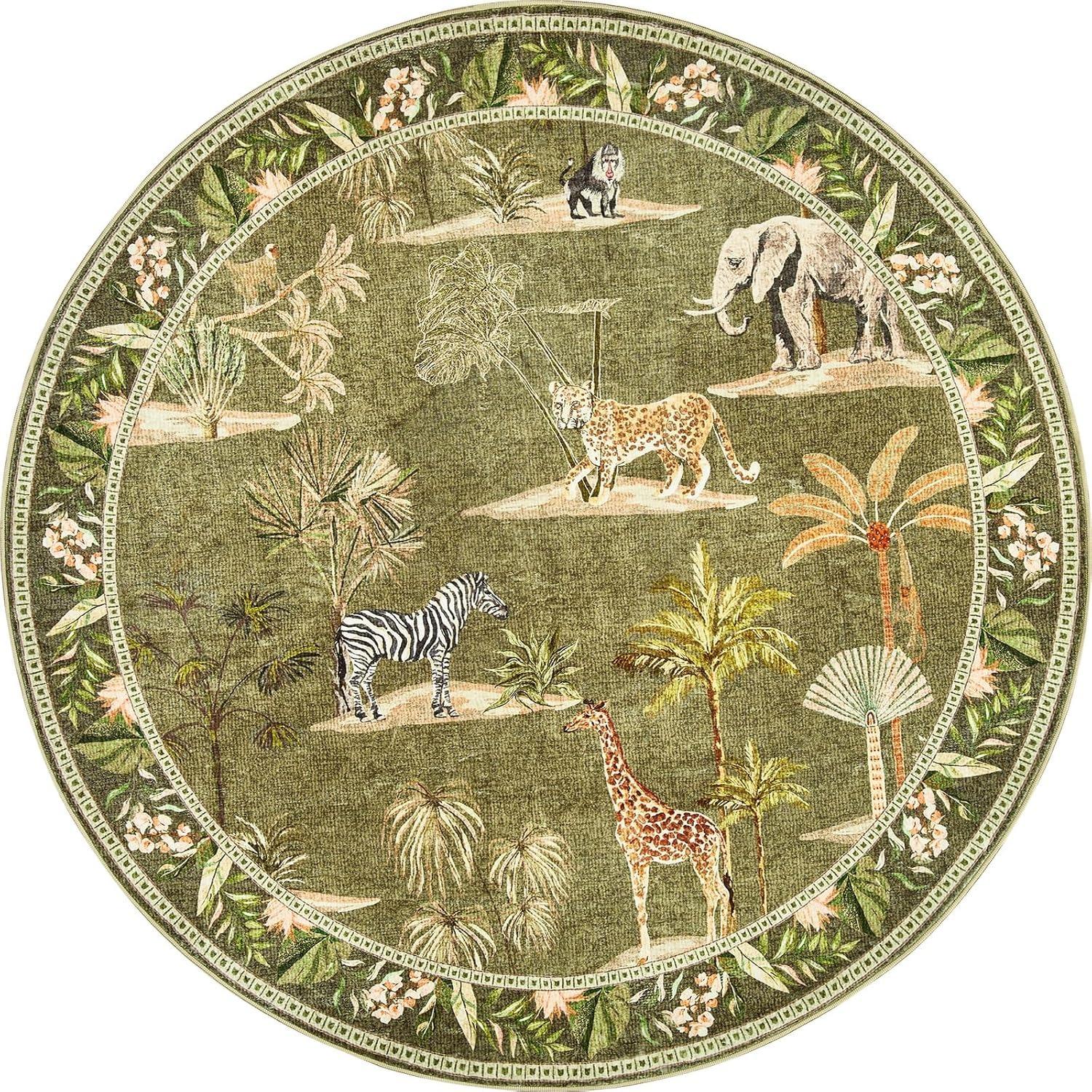

Круглый ковер для гостиной, складной, машинная стирка, принт зеленых животных джунглей, коврики для журнального столика, ковры для кровати, прикроватные, для гардеробной, шерстяные Diameter 80cm