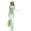 Green field polka dot dress French cold sense matcha green polka dot mesh cut slim dress