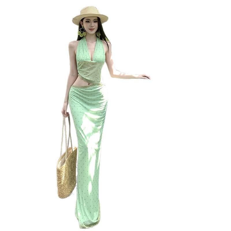 Green field polka dot dress French cold sense matcha green polka dot mesh cut slim dress