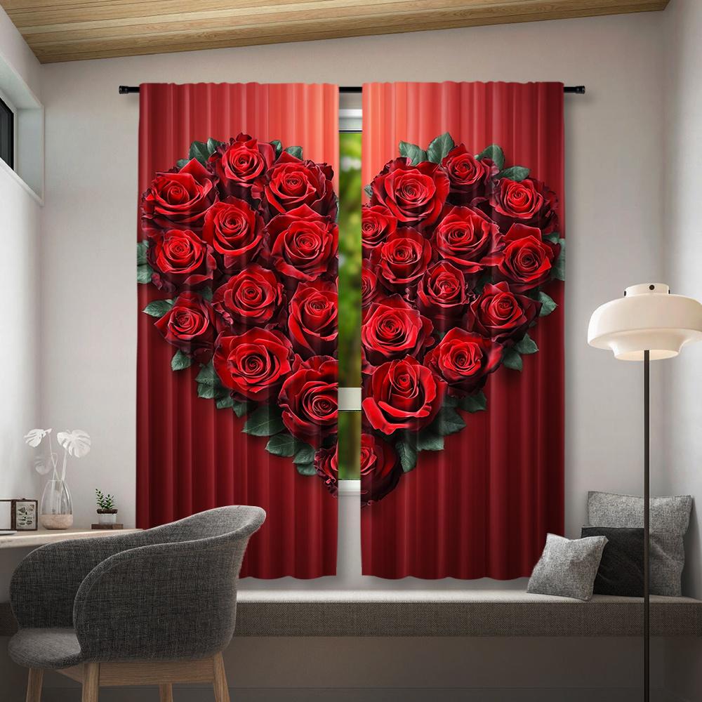 2Pcs Polyester Red Rose Valentines Printing Window Curtains Birthday Party Decoration Backdrop Drapes for Living Room