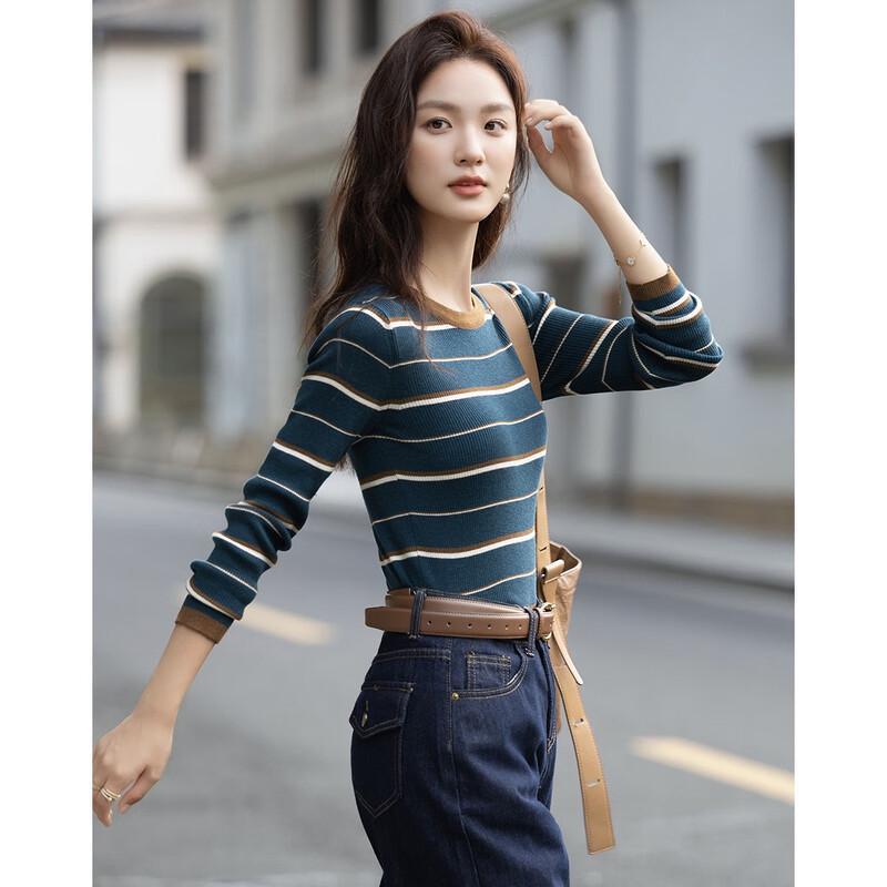 Women's Autumn Striped Slim-fit Knit Sweater with Merino Wool Blend
