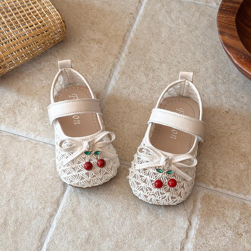 Kids Beige Lace Cherry Decor Mary Jane Flat Shoes 21 белый