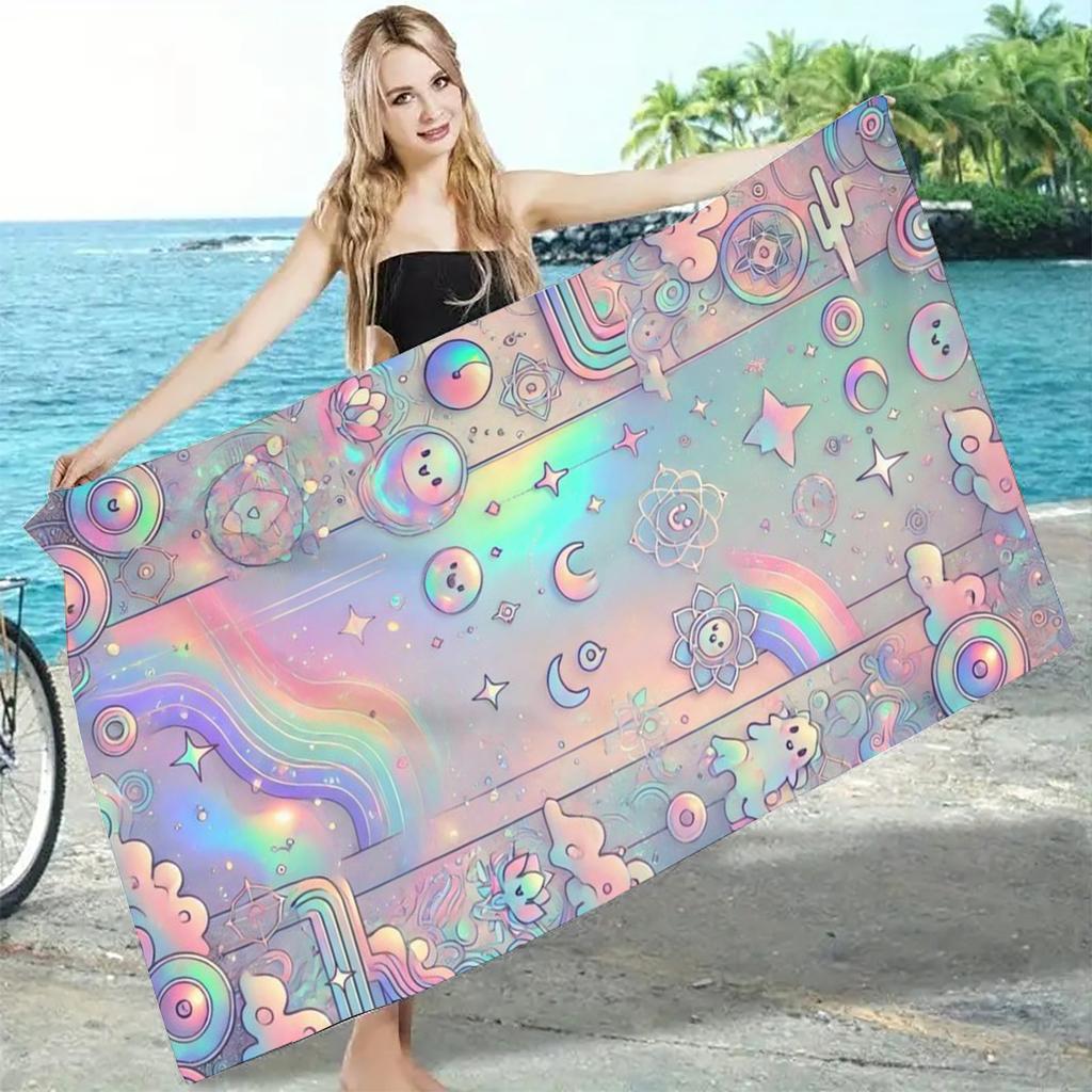 1Pc Large Size Ins Gradient Macaron Cartoon Beach Towel Ultra Absorbent Beach Holiday Shoulder Wrap Soft Fabric Beach Accessory