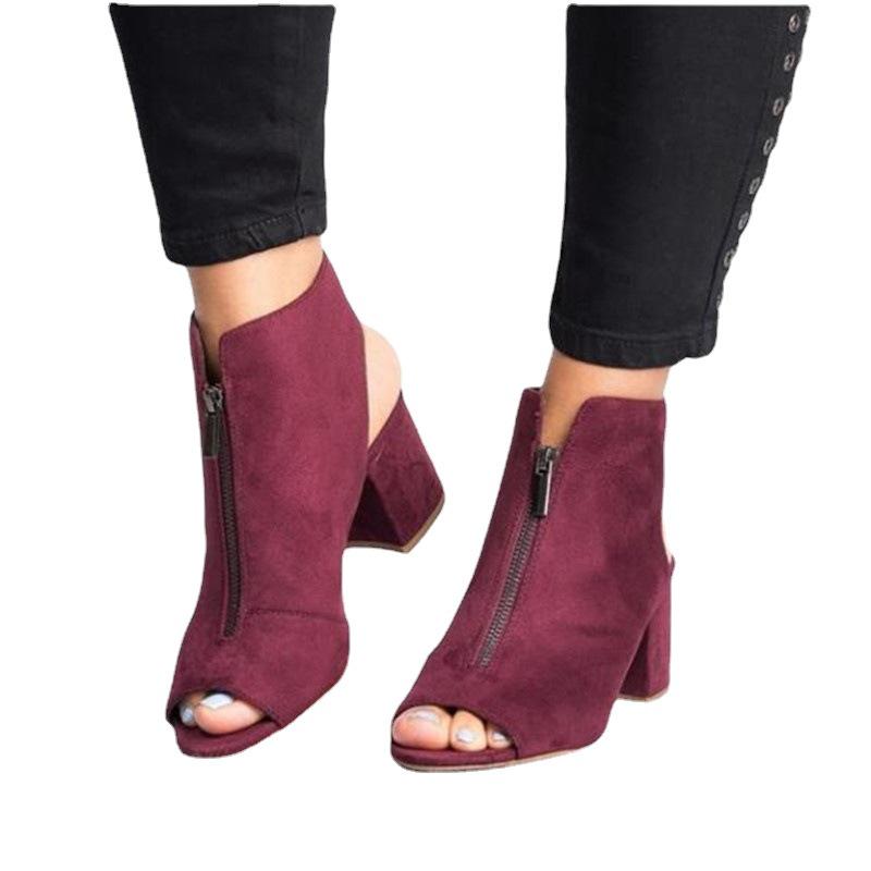 Summer 2021 Plus Size Chunky Heel Peep Toe Zipper Solid Color Fashion Shoes