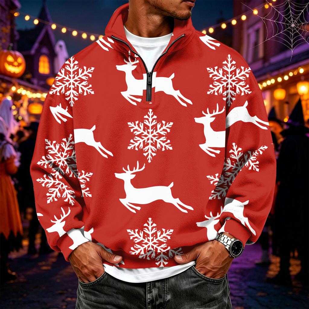 Men's Casual Flannel Quarter-Zip Long Sleeve Sweatshirt Christmas Print Pullover