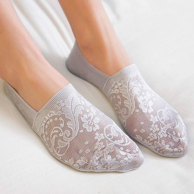 Calcetines náuticos finos de verano para mujer, con encaje jacquard, invisibles, de silicona, antideslizantes, con talón anticaída, de algodón, absorbentes del sudor.