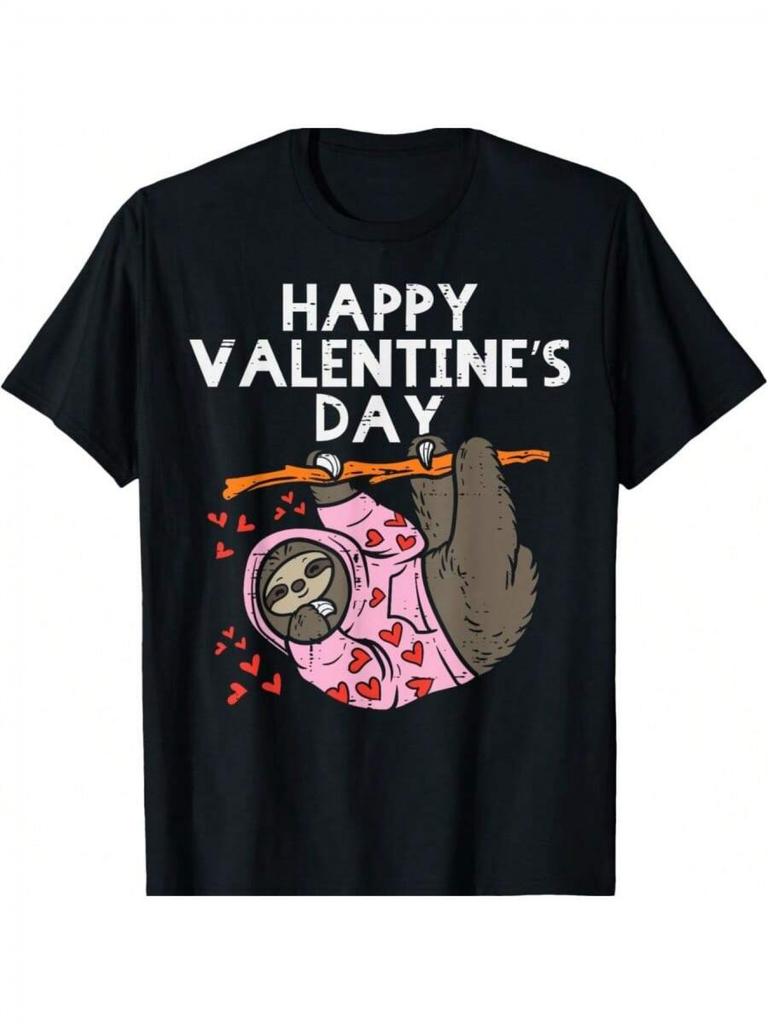 Sloth Happy Valentine's Day Graphic Tee Men's Casual Round Neck Short Sleeve Cotton T-Shirt