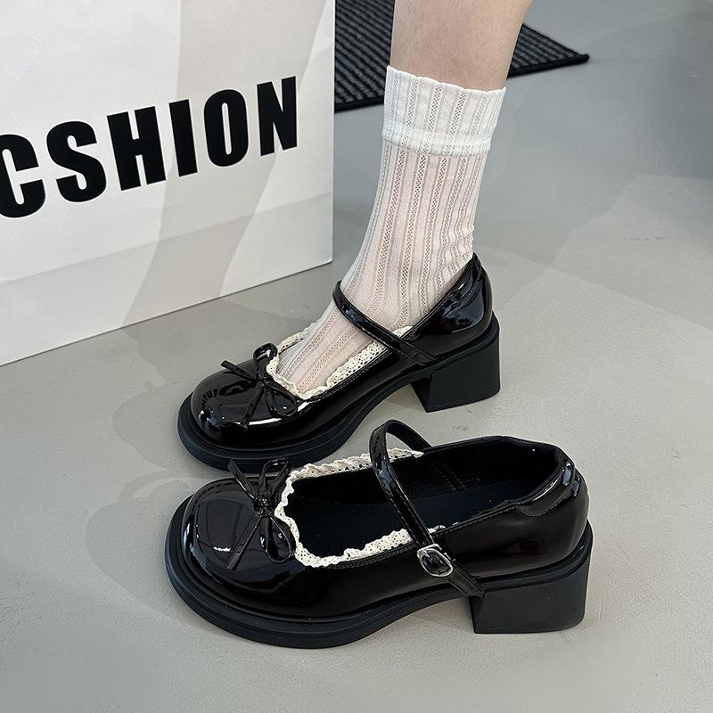 French retro Mary Jane small leather shoes for women's spring and autumn new light-mouth bow single shoes with skirts