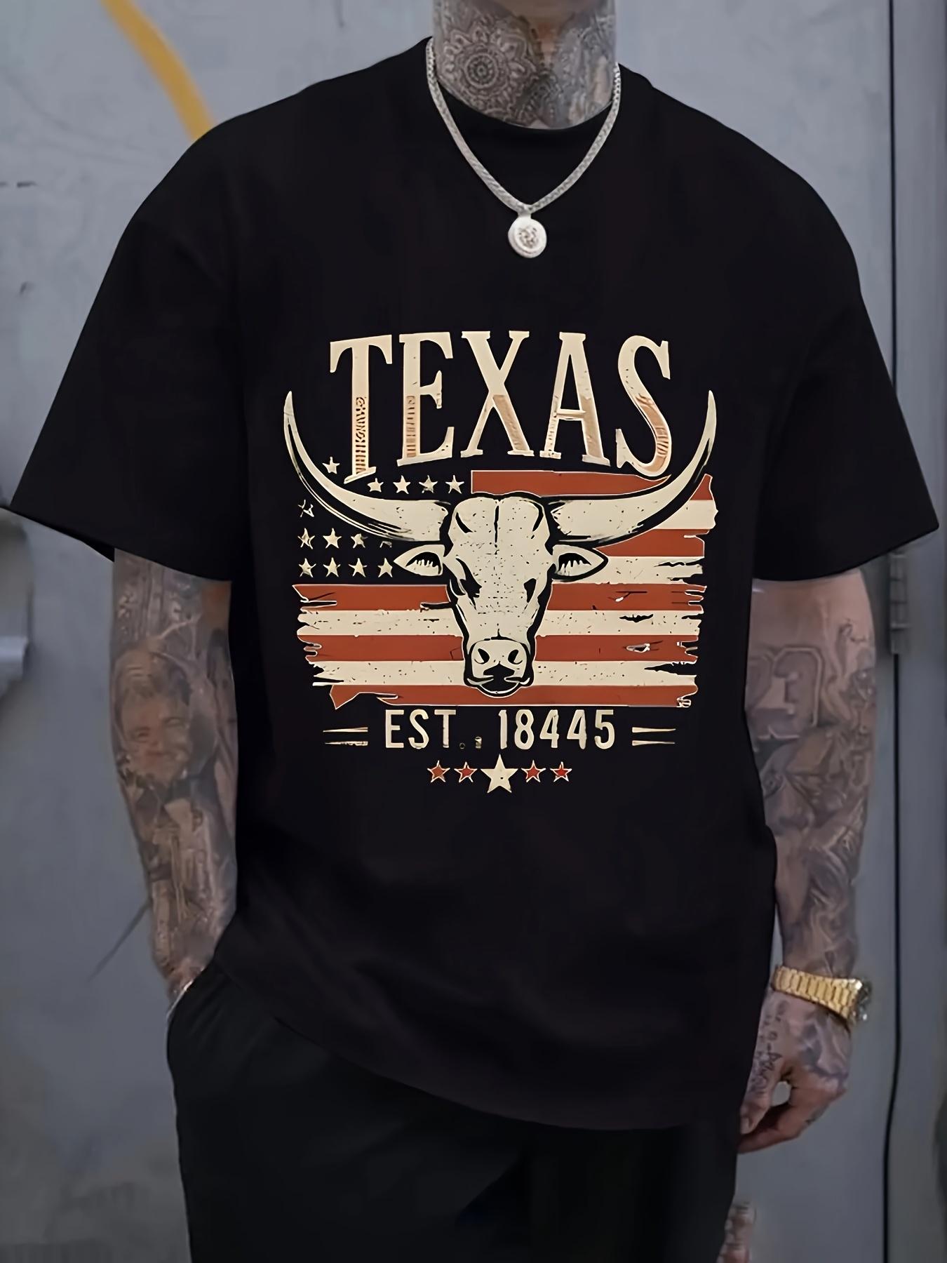 Texas Graphic Print T-shirt - Vintage American Flag Bull Skull Design L