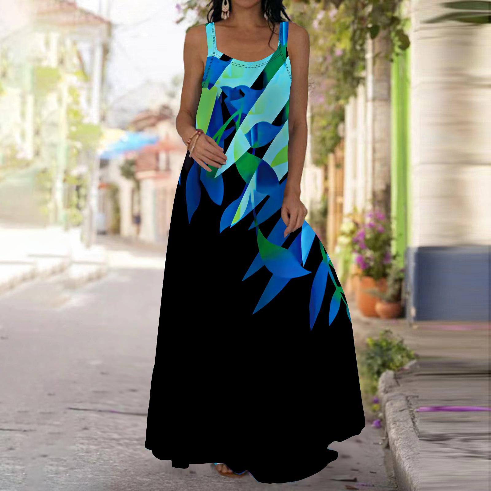 

Женское платье-комбинация Длинное платье макси Розовое элегантное платье с цветочным принтом Весна и лето Для отдыха и отпуска XS синий