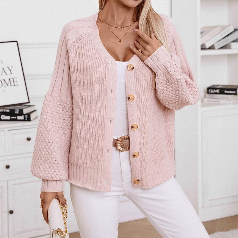 Pulover Tricotat cu Gât în V pentru Femei, cu Nasturi, Culoare Solidă, Larg, cu Mâneci Baloon