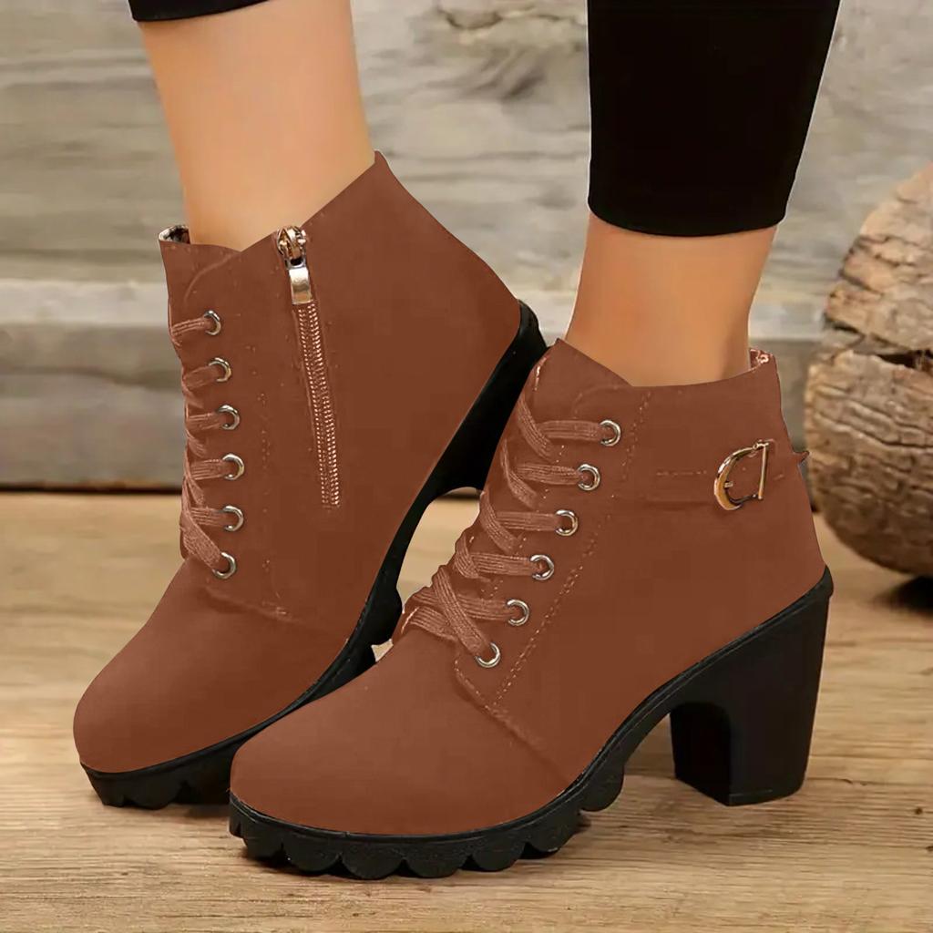 2026 Lederstiefel Damenschuhe Klobige Hohe Absätze Stiefel Modischer Klassischer Stil Atmungsaktive Keilstiefel für Damen Stiefel