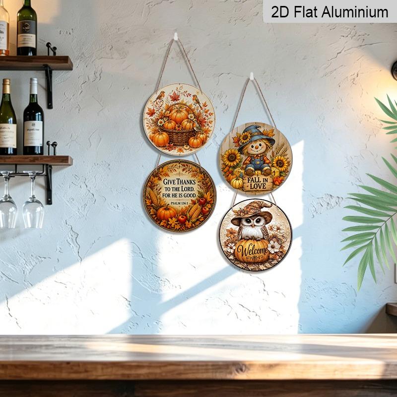 2D Flat 1pc/4pcs Decorative Plaques & Signs Fall Harvest Hanging Wall Decor Set, Round Aluminum Pumpkin, Scarecrow, Thanksgiving Bible Verse & Owl