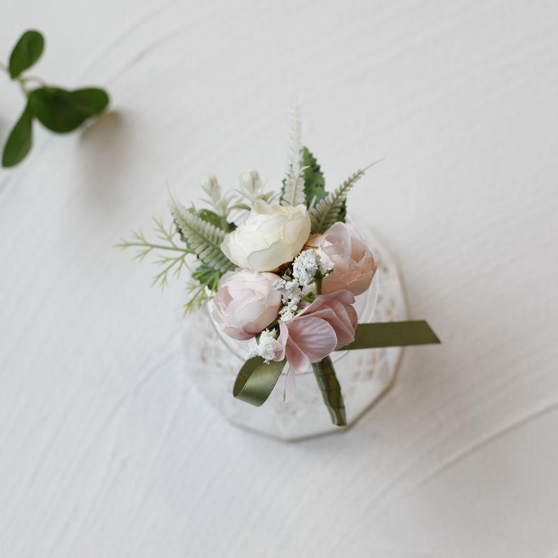 Mori-Style Korean Camellia Wedding Boutonniere & Bridesmaid Wrist Corsage Set