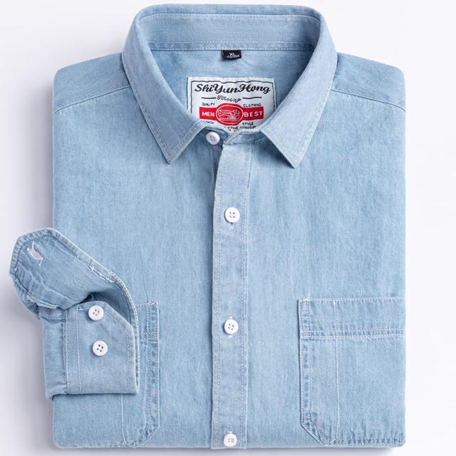 Herren-Western-Denim-Hemd mit Tasche, 100 % Baumwolle, langärmelig, Standard-Passform, bequem, strapazierfähig, weich, lässig, gewaschen, strapazierfähig, Arbeitshemden