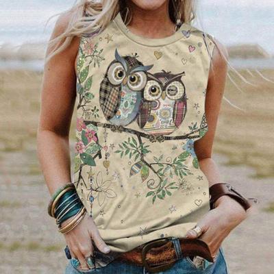Women's Owl and Animal 3D Printed Sleeveless T-shirt, Round Neck Off Shoulder Casual Vest, Y2K Sleeveless Top, T-shirt, Women's Clothing