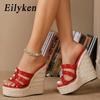 Mode Eilyken Neue Mode Perle Offene Zehenpartie Plateau Keilabsatz Pantoletten Damen Hohe Qualität Gras Rattan Weben Kleid Slide Sommerschuhe