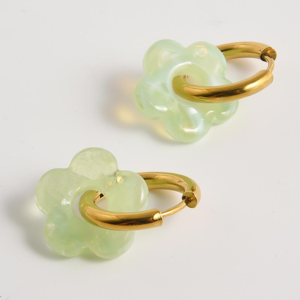 Bunte Blumen Glas Tropfen Anhänger Ohrringe Gold Farbe Kreis Ohrbügel Creolen Edelstahl Ohrringe Modeschmuck für Damen