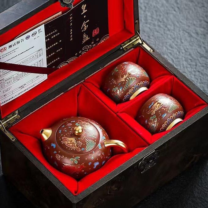 Purple sand Xishi pot, one pot and two cups, master handmade household tea set, Zhu Ni Dahongpao gilt high-end gift box set