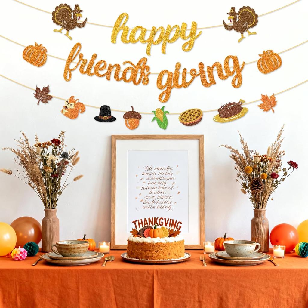 Happy Friendsgiving Banner Thanksgiving Party Decorations Glitter Friends Giving Garland Plastic Pre Strung Streamers Turkey Pumpkin Fall Leaves Sign