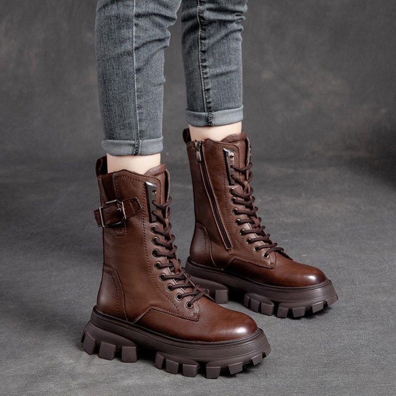 Fashion Autumn Winter Fleece-Lined Round Toe Leather Platform Ladies Mid Calf Shoes Chic and Elegant with Laces Women's Half High Boots