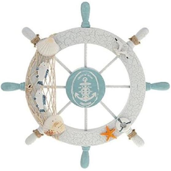 Nautical Ship Wheel Wall Decor, 18 In, White and Turquoise, Beach Theme with Seashells and Fish Net (11 Inch Crack Finishing)