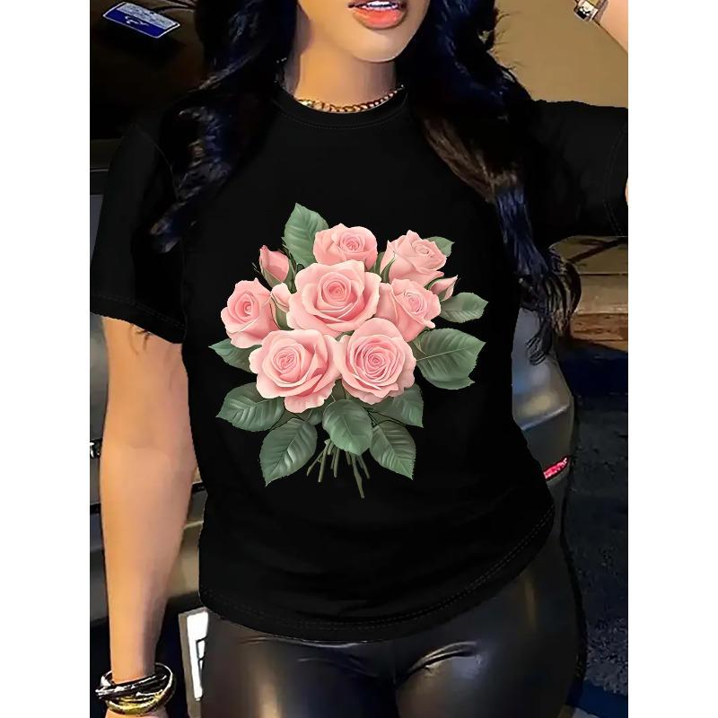 T-shirt da Donna con Stampa Floreale - Top Casual Girocollo a Maniche Corte, Design con Rose Rosa e Foglie Verdi, Stile Primavera & Estate, Abbigliamento Casual Primaverile