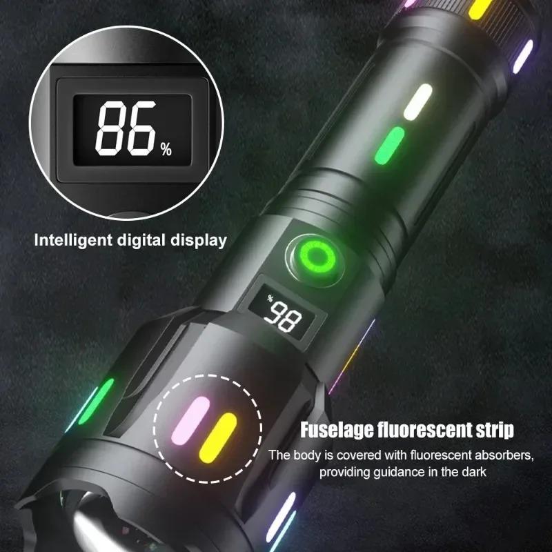 High Power Spotlight Long Range LED Flashlight  Aluminum Alloy Fluorescent Absorbing Film Luminous Colorful Zoom Flashlight Camping Emergency
