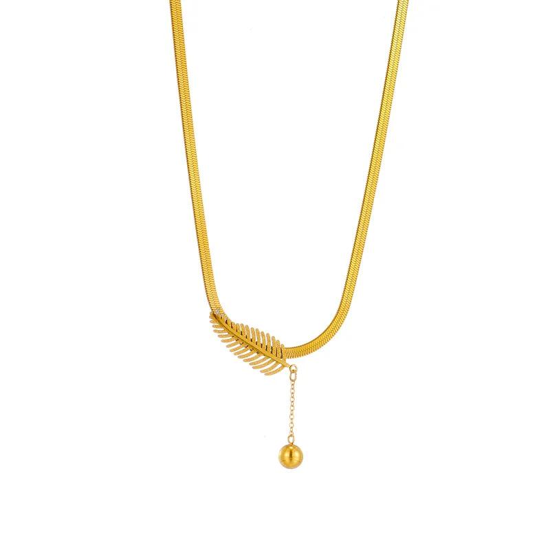 Gold-Plated Frosted Leaf Pendant Necklace with Snake Chain for Women