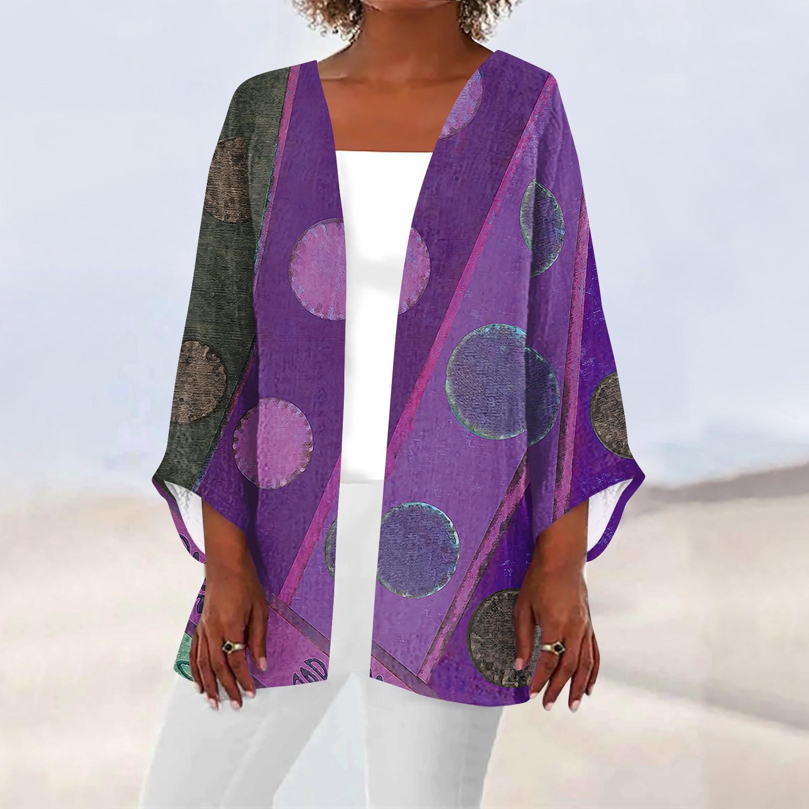 

Женская верхняя повседневная легкая куртка-кардиган средней длины с цветочным полосатым принтом M фиолетовый