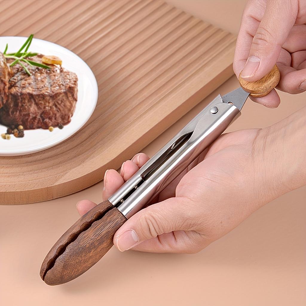 Cooking Tong, Walnut Wood Tong, Stainless Steel Anti-Slip Long Handle Wood Salad Tong with Hanging Hole, Household Creative Tong