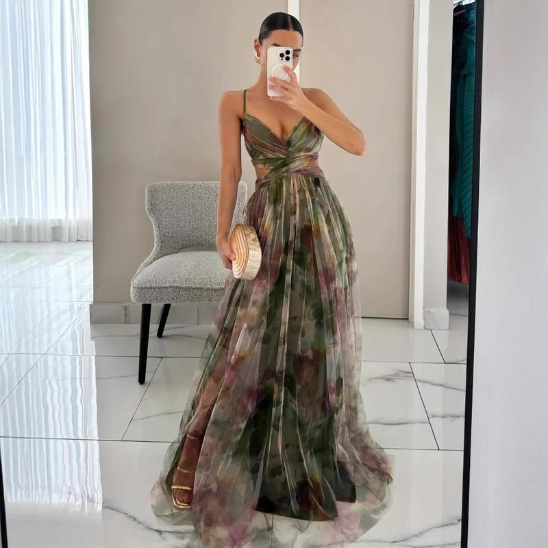 European Style Spring and Summer Print Spaghetti Strap Maxi Dress INS Vacation Casual Party