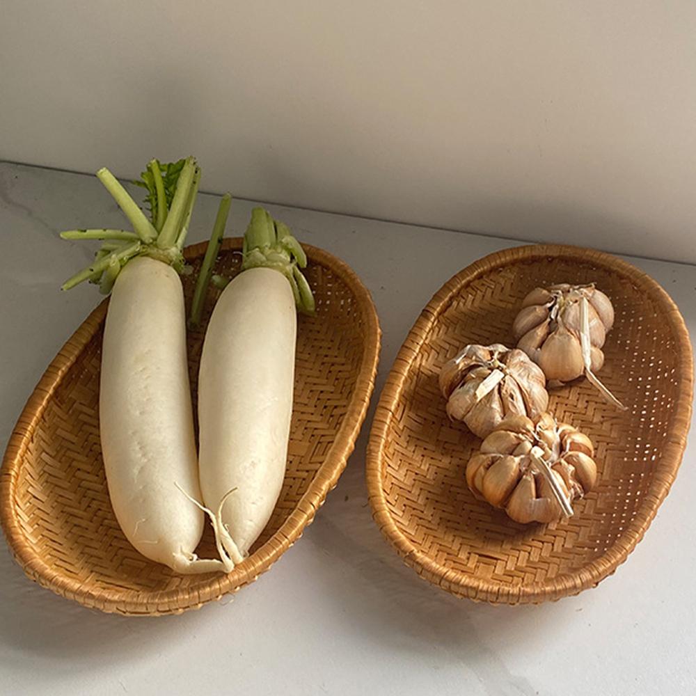 Smoked Oval Bamboo Woven Basket Kitchen Sieve for Fruit Vegetable Drying Storage Hotel-Style Weaving Dustpan Included