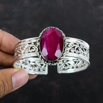 Faceted Kashmir Ruby Bangle Handmade Cuff Bracelet Gemstone Adjustable Bangle 925 Sterling Silver Bangle Dainty Cuff Bracelet Gifts For Her