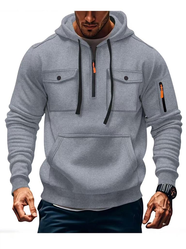 Men's Multi-Pocket Fleece Lined Hoodie Jacket - Casual and Versatile for Autumn/Winter