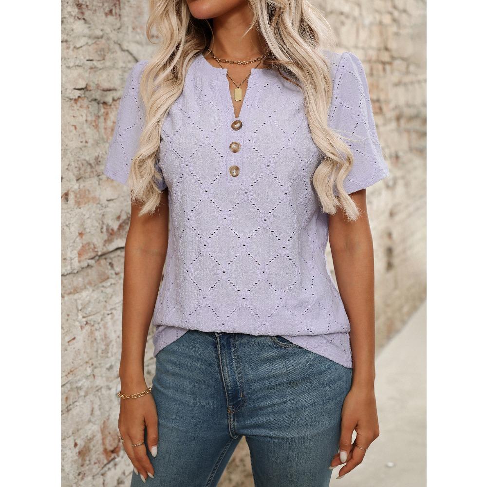 Ny sommer topp med rund hals og korte ermer med blomsterjacquard og knapper for kvinner