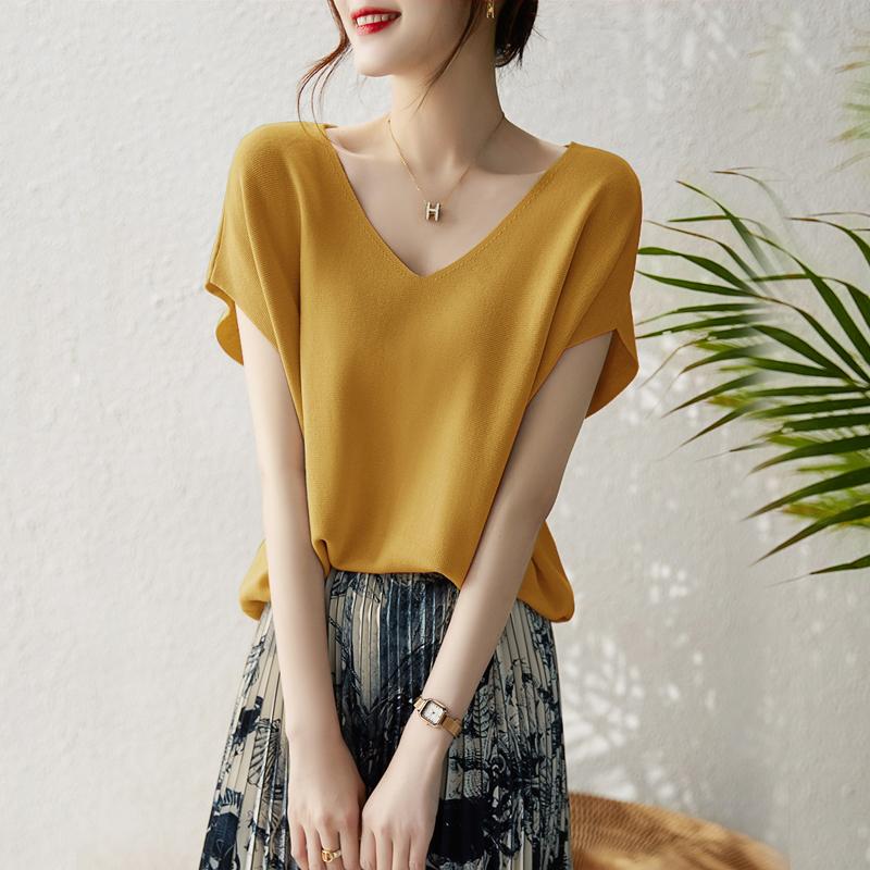 Summer New Thin Fashion Bat Sleeve Casual Loose Knitted Shirt Women Solid Elegant Ice Silk Blouse Women Simple Slim Office Ladies Shirts Tops 26633