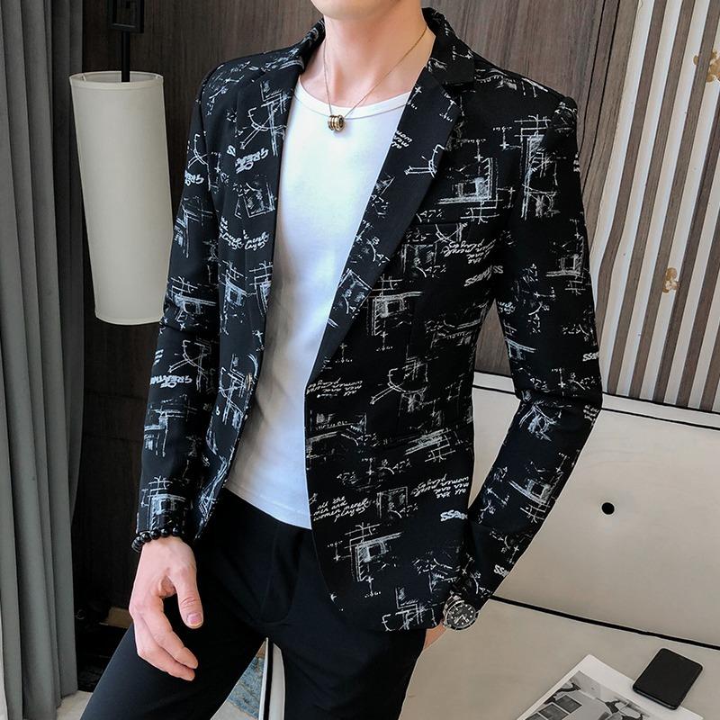High Quality Men's Blazer Spring Fashion Men Korean Printed Slim Formal Wedding Party Prom Suit Jacket