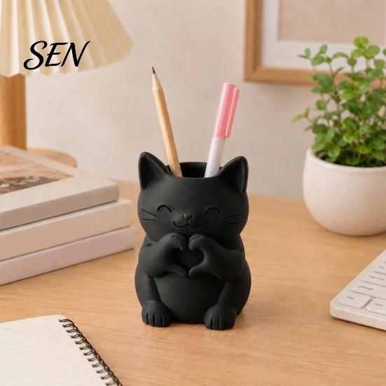 Small Animal Figurine 3D Printed Cute Cat Pen Holder, Decorative Desktop Stationery Organizer for Pencils and Office Supplies Makeup Brushes,