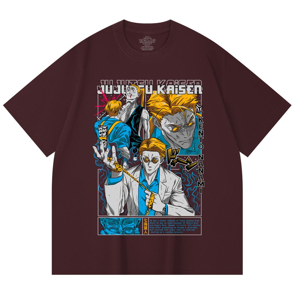 

230 Gsm 100% Cotton Jujutsu Kaisen V15 Nanami Print Unisex Heavy Cotton T Shirt 2XL вина червоного кольору