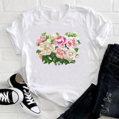 (Asian Size)Tee Top Fashion Women Print Flower Lovely Style Cute 90s Lady T Shirt Clothing Casual Short Sleeve Female Graphic T-shirt